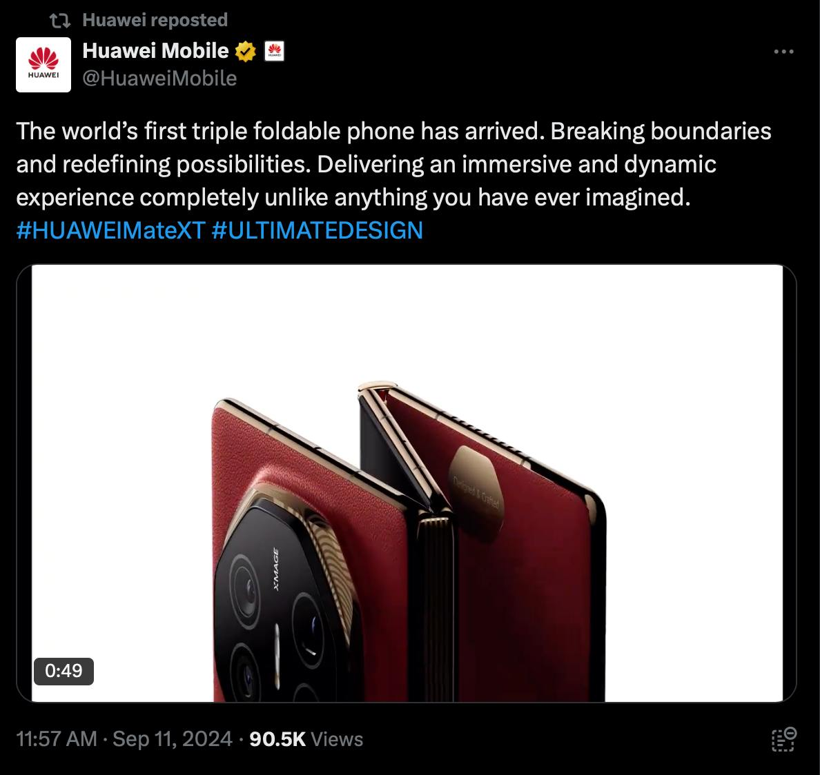 华为官方 YouTube 频道发布 Mate XT 非凡大师宣传视频，暗示全球发售